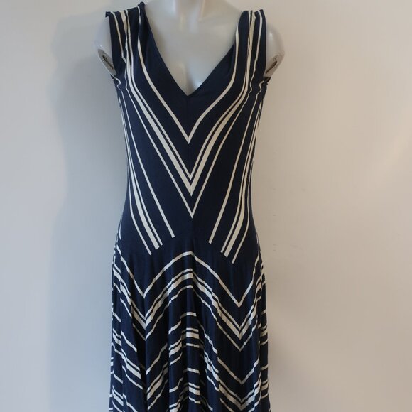 Womens Ralph Lauren Blue White Striped Chevron V-Neck Fit Flare Midi Dress M - Picture 1 of 10